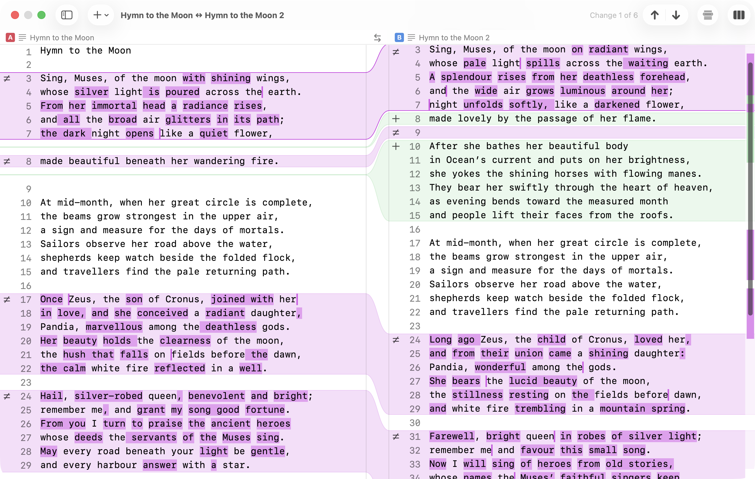 JuxtaText comparing two versions of a text file side by side.