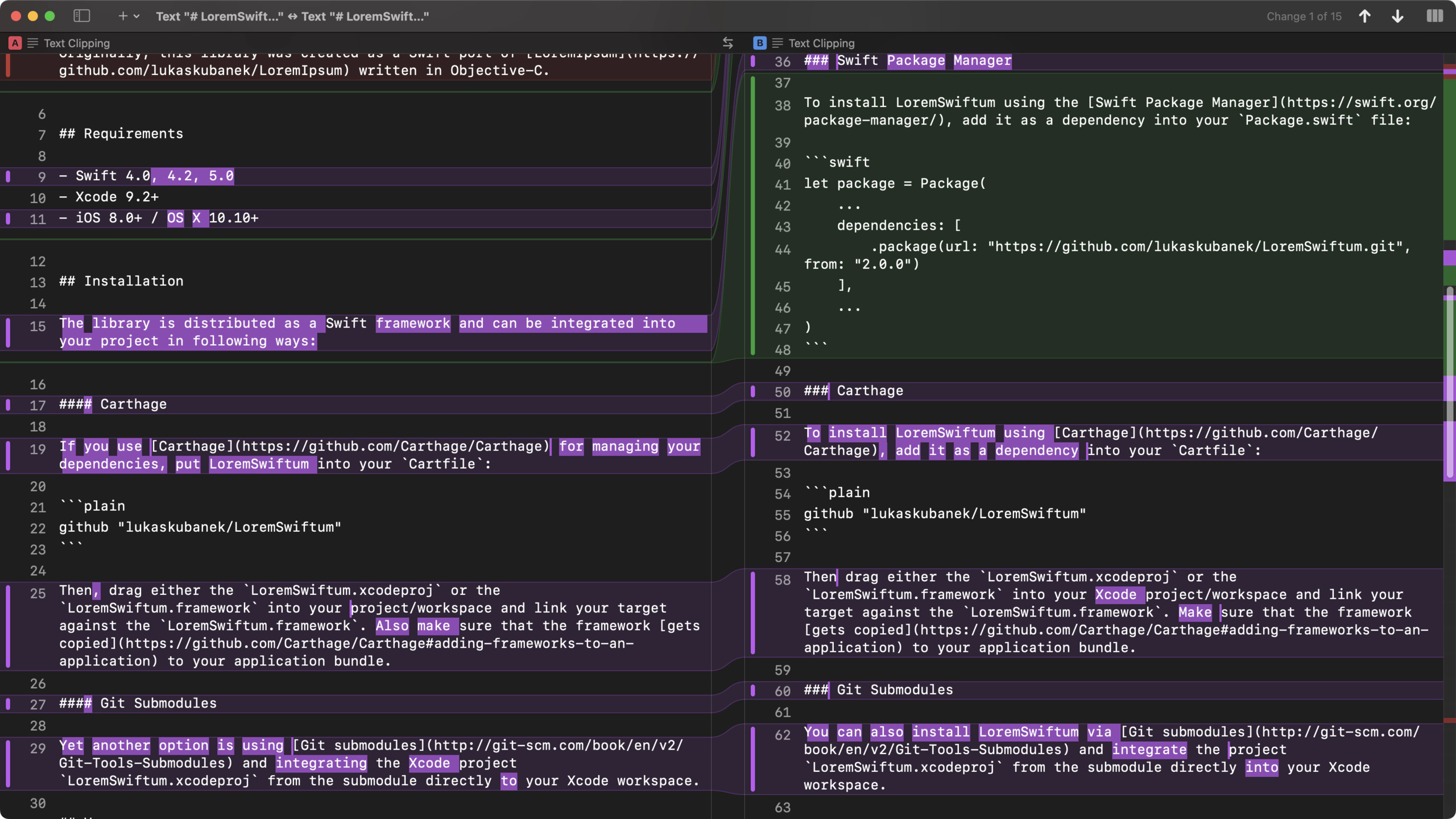 JuxtaText window comparing two versions of a text file.