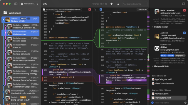 JuxtaCode repository window comparing two commits side-by-side.